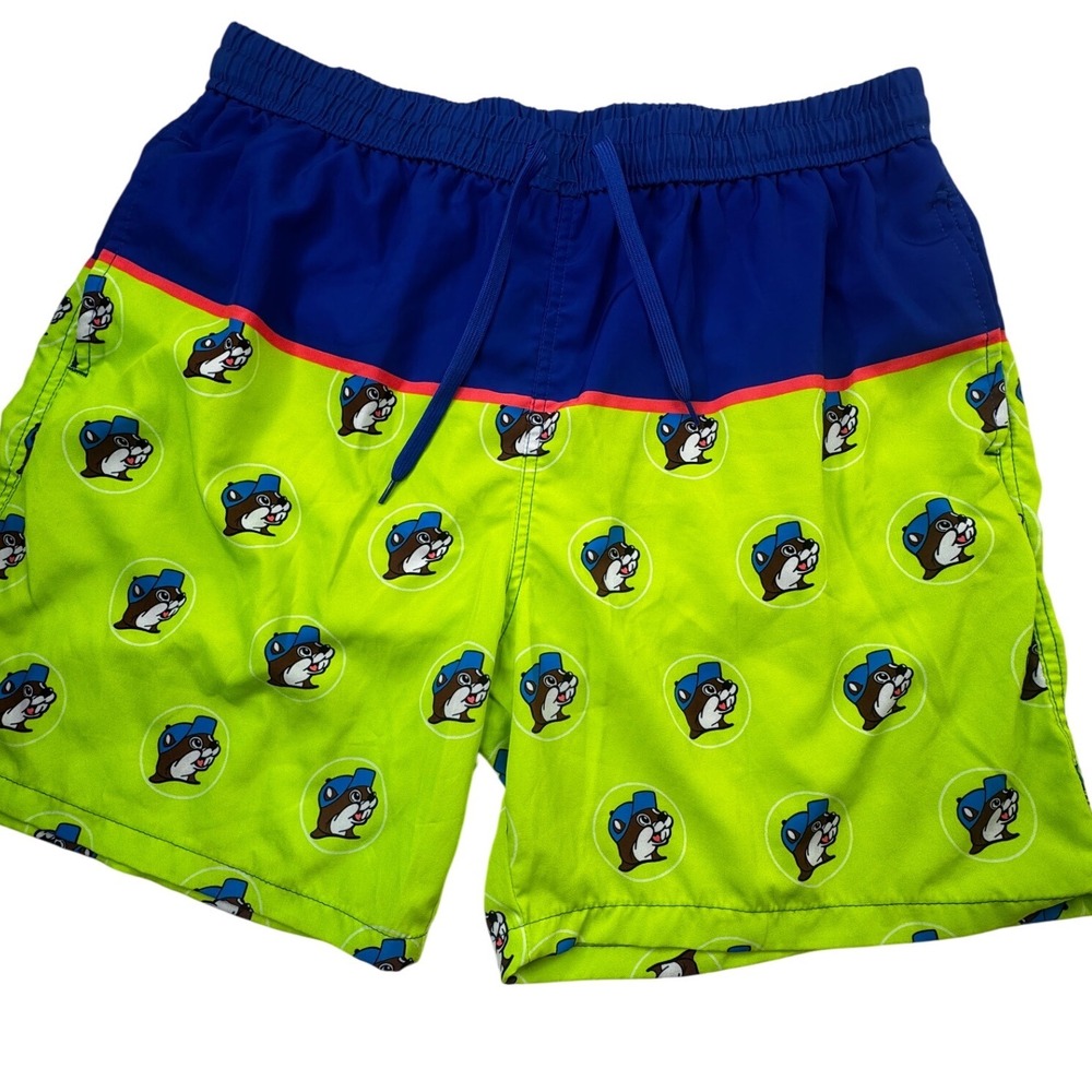 Buc-ees Mens 2X Swim Trunks Blue Lime Green Beaver Mascot Board Shorts Texas 2XL